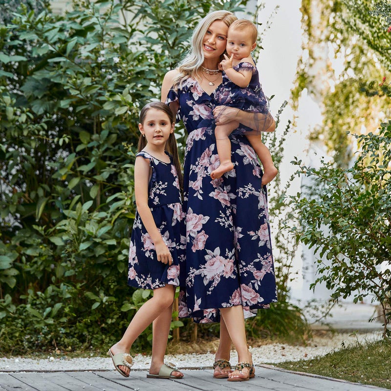 PopReal Mommy and Me Dresses Floral Print Cold Shoulder Ruffle Backless Strap Beach Midi Dress Summer - Image 2